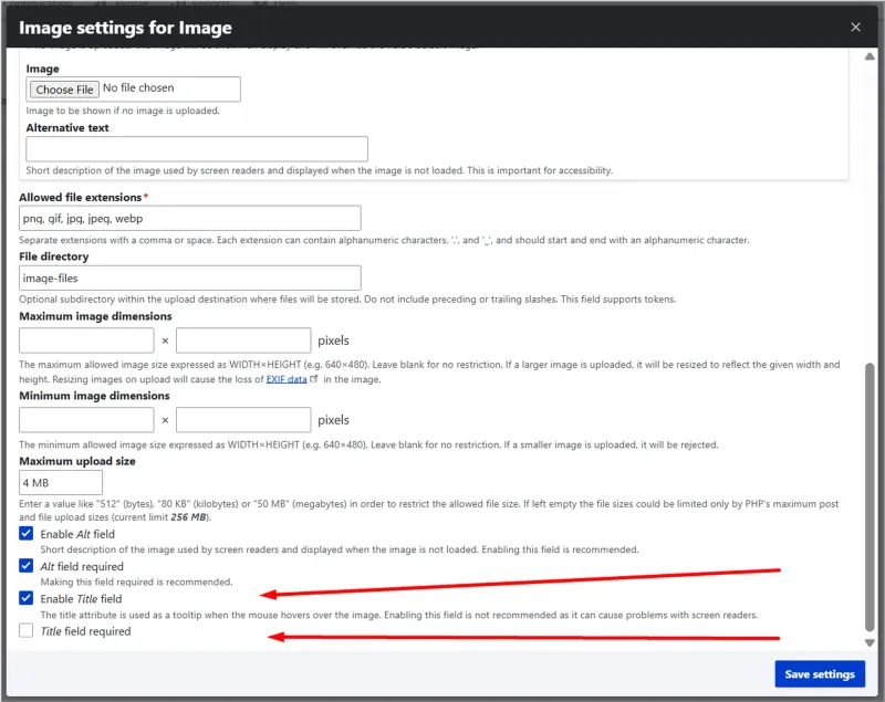 Enable Title field is checked and Title field required is unchecked